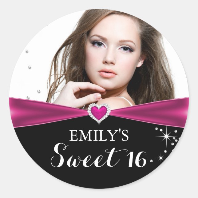 Pink Sparkle Heart Photo Sweet Sixteen Sticker (Front)