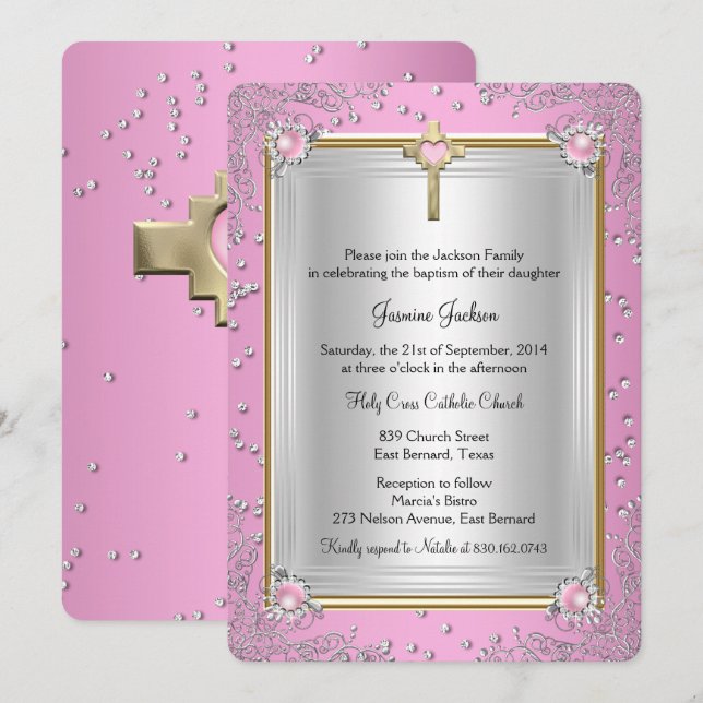 Pink Sparkle Jewel Baptism Christening Gold Invitation (Front/Back)