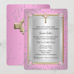 Pink Sparkle Jewel Baptism Christening Gold Invitation
