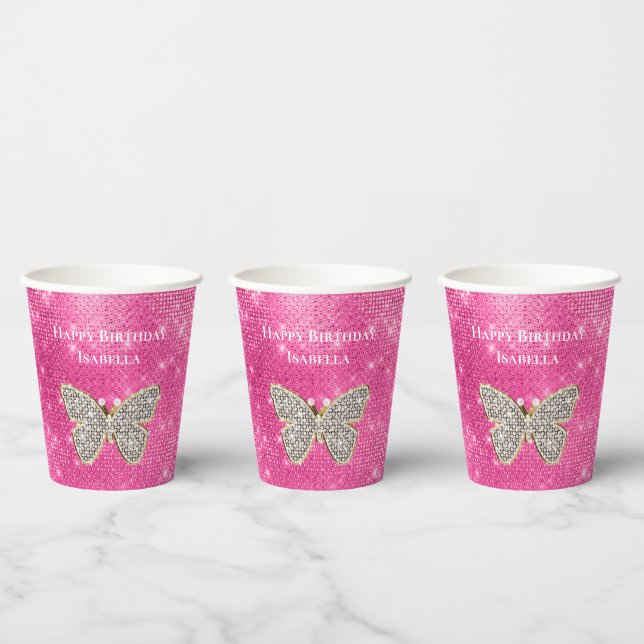 Pink Sparkle Jewelled Butterfly  Paper Cups (Multi)