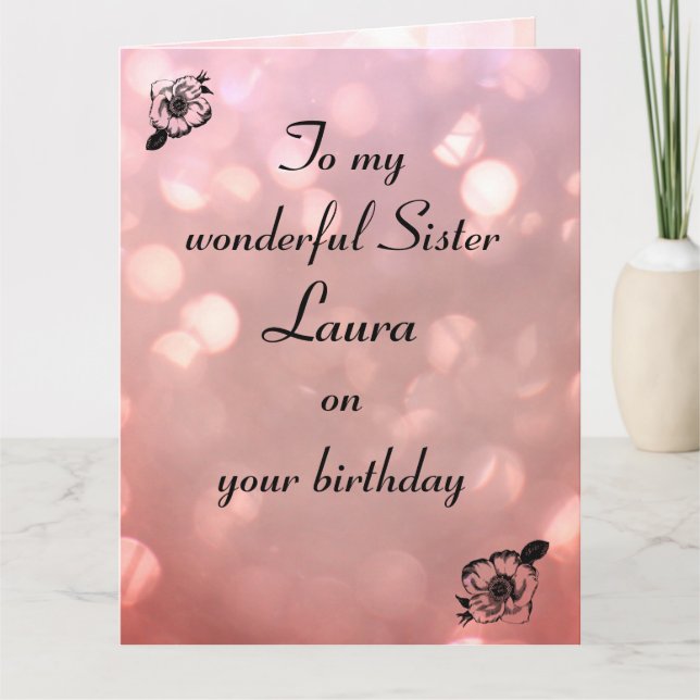 Pink sparkle modern Happy Birthday Sister Card (Front)