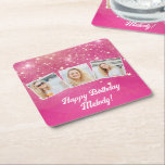 Pink Sparkle Photo Collage Girls Birthday Party Square Paper Coaster<br><div class="desc">Pretty pink sparkles decorate these cute custom photo collage birthday party coasters for a woman,  teenager,  or little girl who loves sparkly glam gifts. Personalized happy birthday gift with 3 photographs over a hot pink girly background.</div>