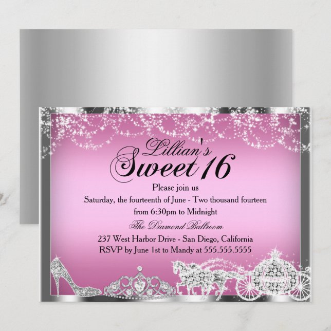 Pink Sparkle Princess Theme Sweet 16 Invitation (Devant / Derrière)