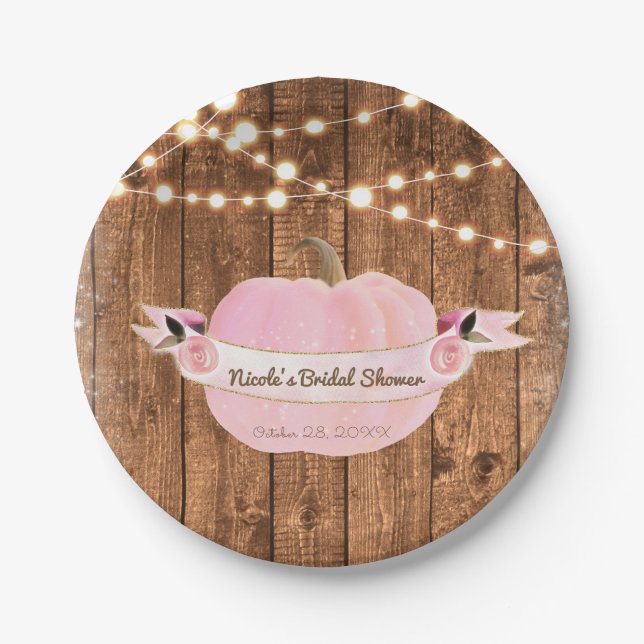 Pink Sparkle Pumpkin Autumn Rustic Wood Lights Paper Plate (Front)