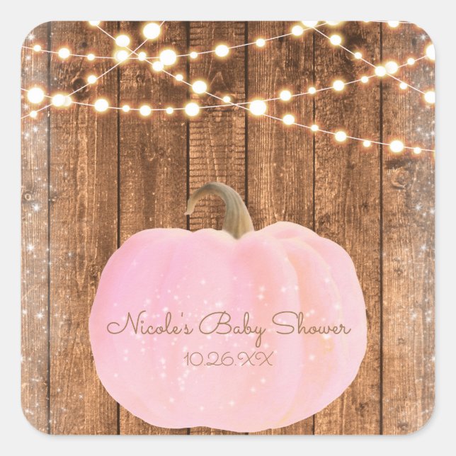 Pink Sparkle Pumpkin Autumn Rustic Wood Lights Square Sticker (Front)