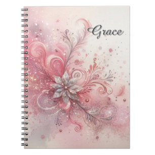 Pink Sparkle Silver Glitter Flower Personalized   Notebook