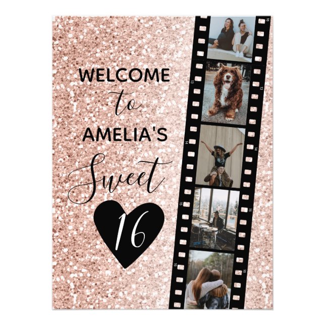 Pink Sparkle Sweet 16 Birthday Welcome Photo Sign (Front)