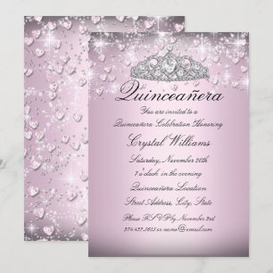 Pink Sparkle Tiara & Hearts Quinceanera Invite