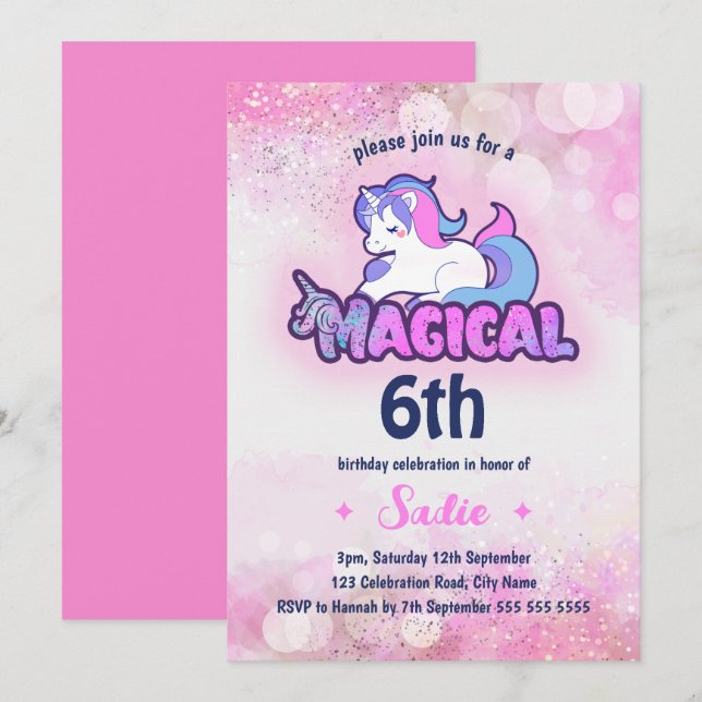 Pink Sparkle Unicorn Magical Any Age 6th Birthday Invitation (Front/Back)