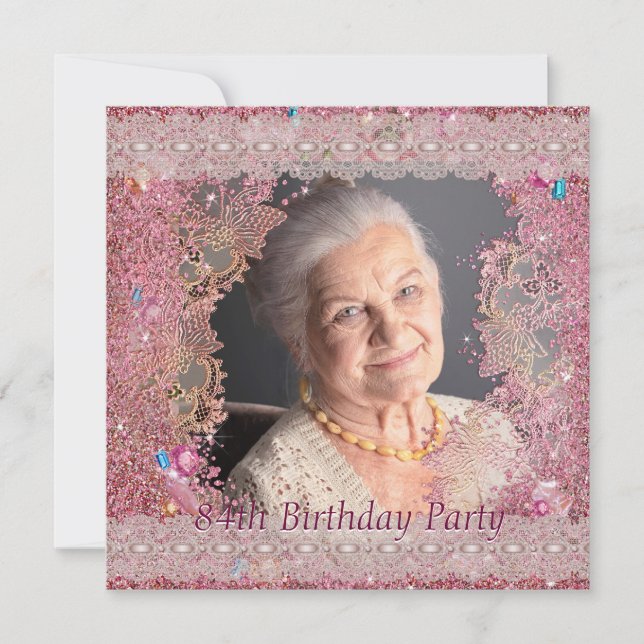 Pink Sparkle Womans Pink Photo 84th Birthday Party Invitation (Front)