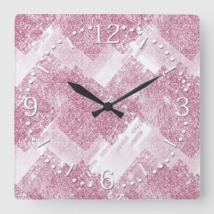 Pink sparkles on white. square wall clock