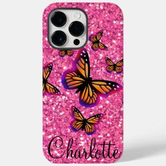 Pink sparkling glitter butterflies monogrammed     Case-Mate iPhone 14 pro max case