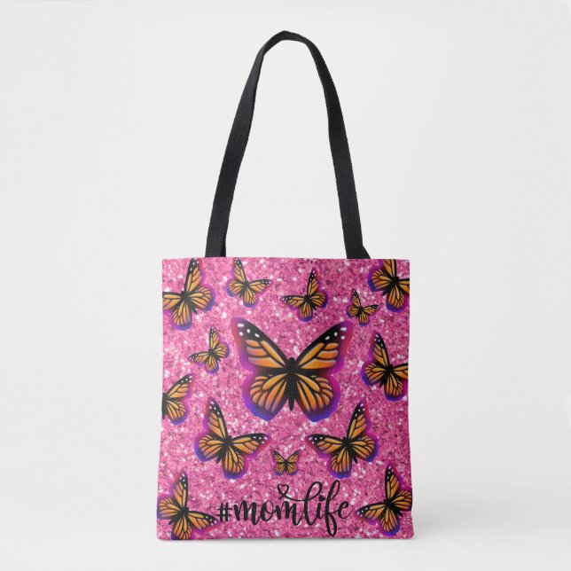 Pink sparkling glitter colourful butterflies tote bag (Front)