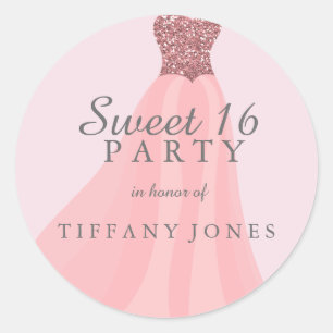 Pink Sparkling Glitter Gown Sweet 16 Party Classic Round Sticker
