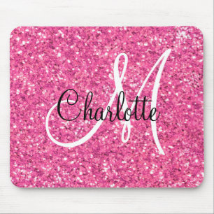 Pink sparkling glitter monogrammed mouse pad