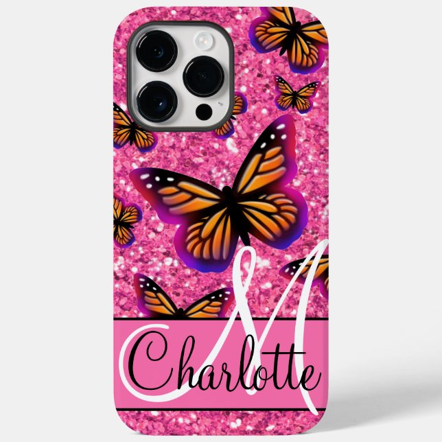 Pink sparkling glitter, orange pink butterflies  Case-Mate iPhone case (Back)