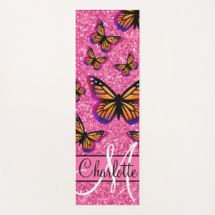 Pink sparkling glitter, orange pink butterflies yoga mat
