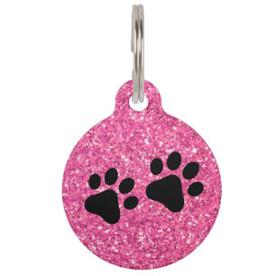 Pink sparkling glitter pattern, pet paw print  tag