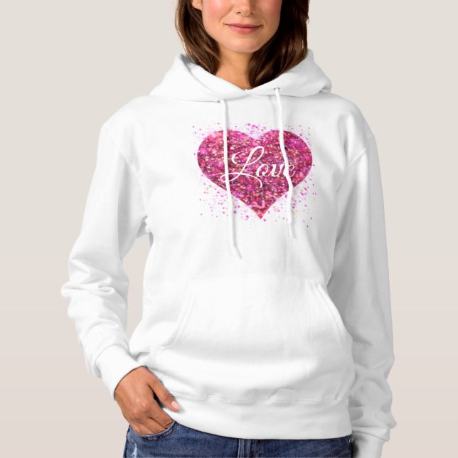 Pink sparkling sequins, love graffiti valentine hoodie (Front)