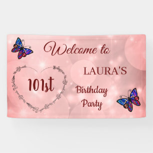 Pink Sparkly Butterfly personalised 101st Birthday Banner