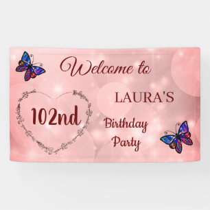 Pink Sparkly Butterfly personalised 102nd Birthday Banner