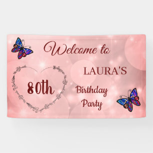 Pink Sparkly Butterfly personalised 80th Birthday Banner