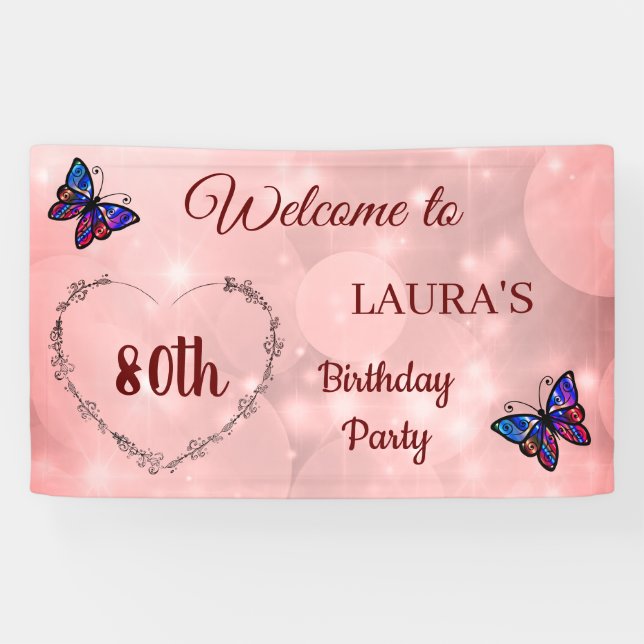 Pink Sparkly Butterfly personalised 80th Birthday Banner (Horizontal)