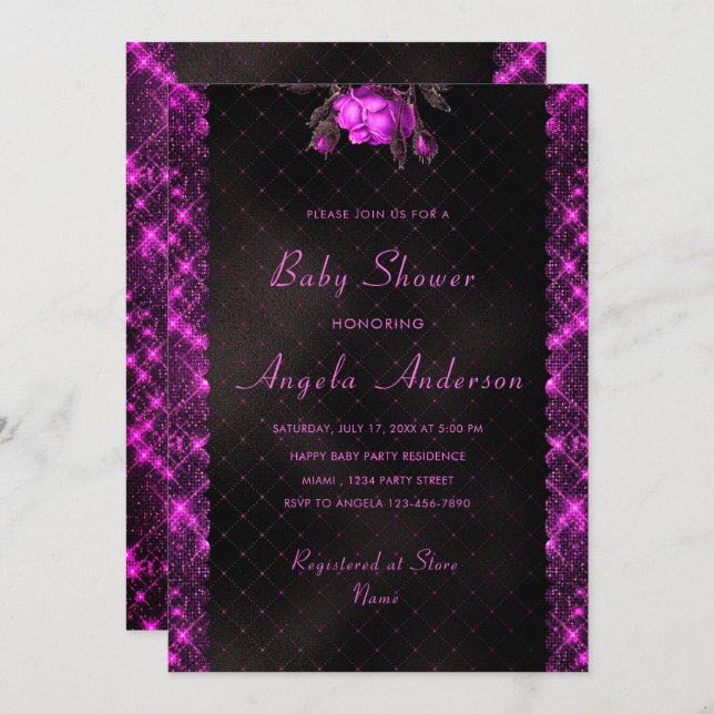 Pink Sparkly Frame Baby Girl Shower Invitation   (Front/Back)