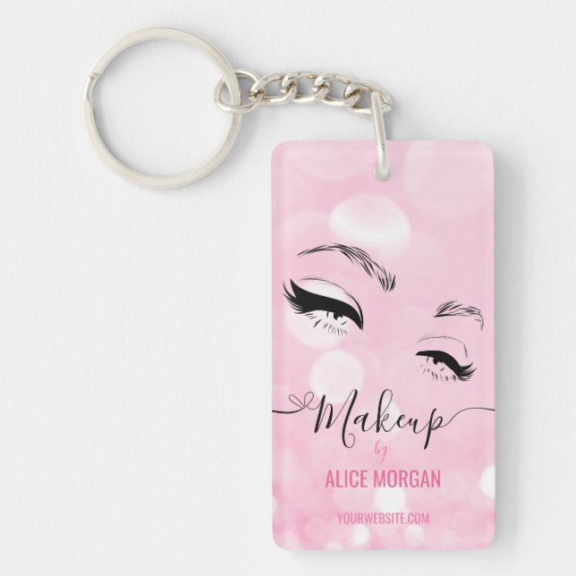 Pink Sparkly Makeup Artist Glamour Bokeh Sequin QR Keychain (Front)