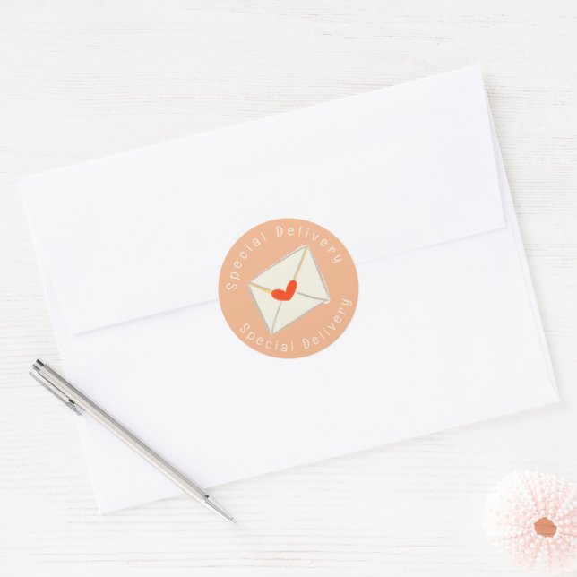 Pink Special Delivery Red Heart Envelope Classic Round Sticker (Envelope)