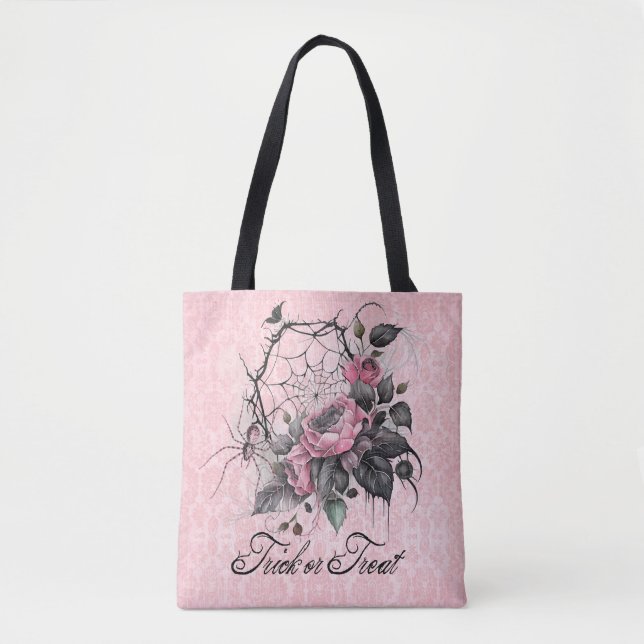 Pink Spider Web with Roses | Trick or Treat Tote Bag (Front)