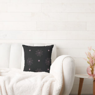 Pink Spiders and Spiderwebs Black Halloween Throw Pillow
