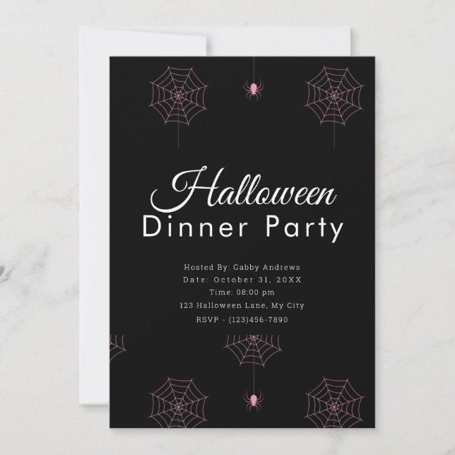 Pink Spiders and Spiderwebs Halloween Dinner Party Invitation (Front)