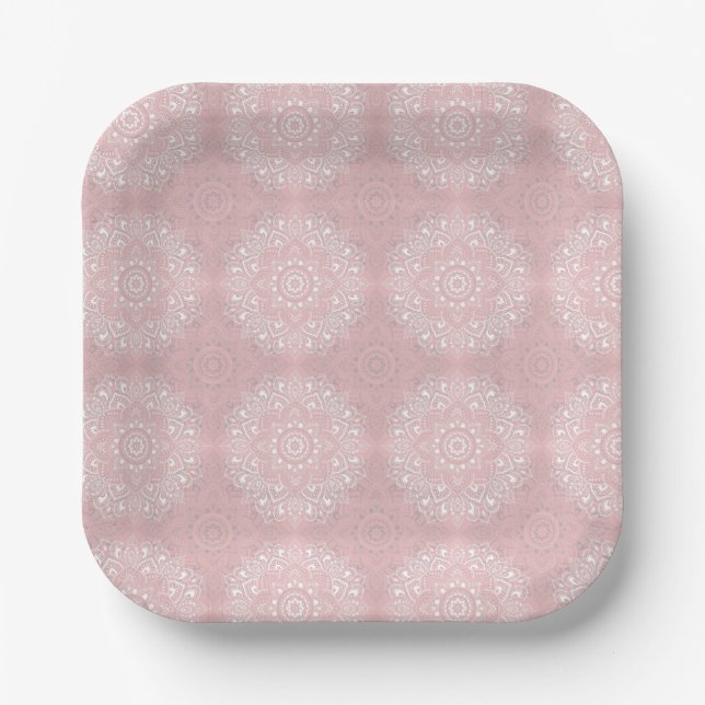 Pink spiritual Indian mandala pattern Paper Plate (Front)