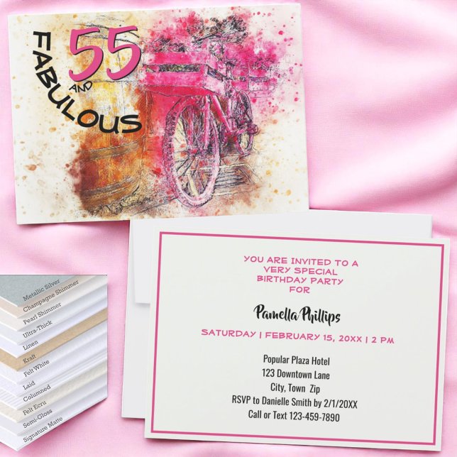 Pink Splash 55 Year Old Birthday Party Invitation (invitation template front and back)
