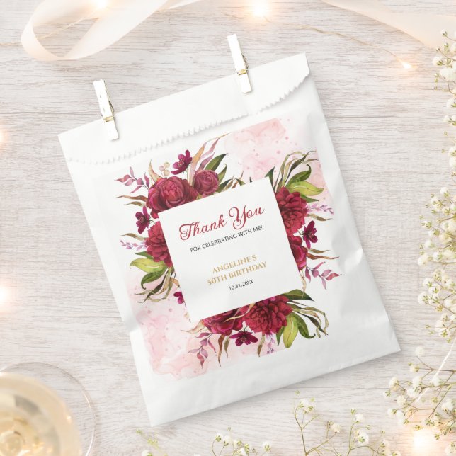 Pink Splash Burgundy Dahlia Rose Birthday Favour Bag (Clipped)