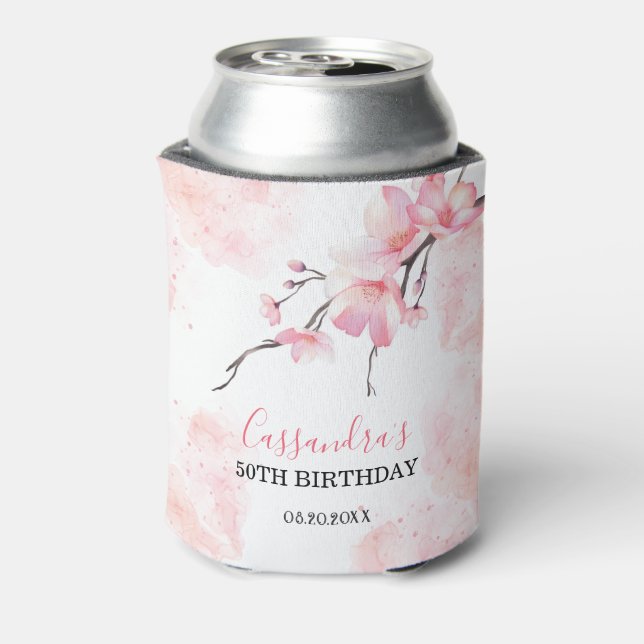 Pink Splash Cherry Blossom Floral Birthday Can Cooler (Can Back)