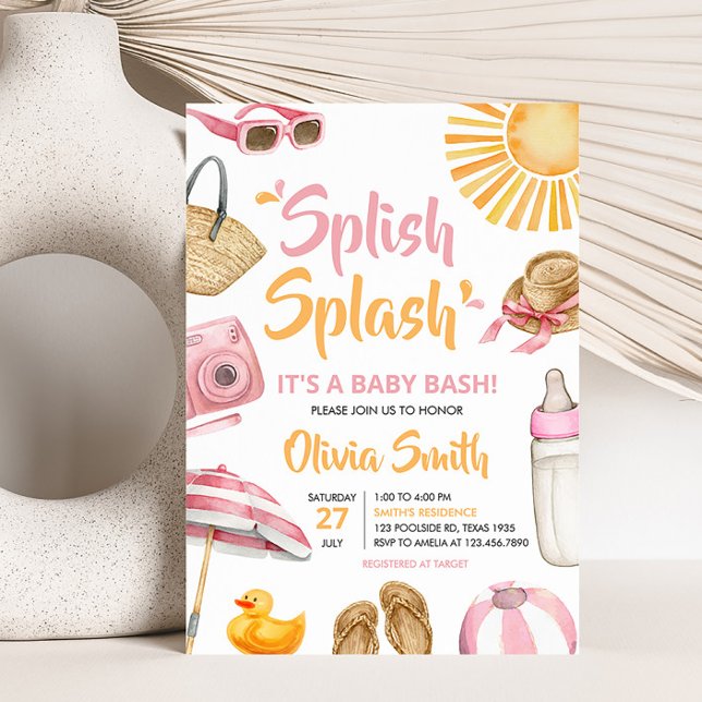 Pink Splish Splash Baby Shower  Invitation (Girl Summer Beach Baby Shower Invitation)