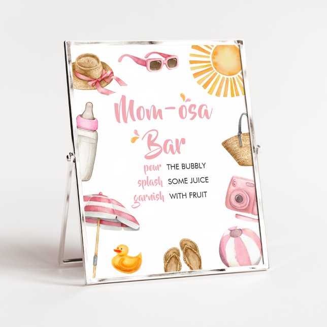 Pink Splish Splash Baby Shower Mom Osa Bar Poster (Girl Summer Beach Baby Shower Mom Osa Bar Sign)