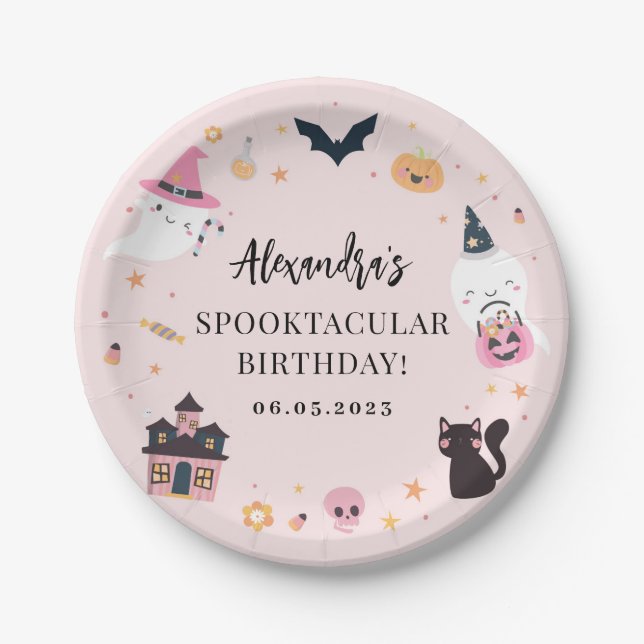 Pink Spooky Birthday Paper Plate (Front)