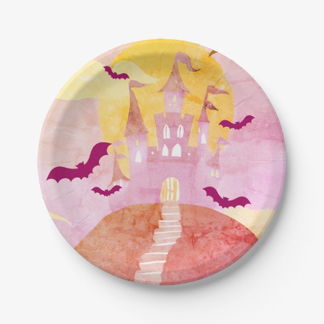 Pink Spooky Castle on Hill Halloween Party Paper Plate (Front)