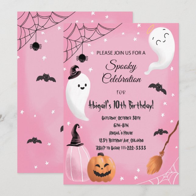 Pink Spooky Celebration Halloween Birthday Invite (Front/Back)