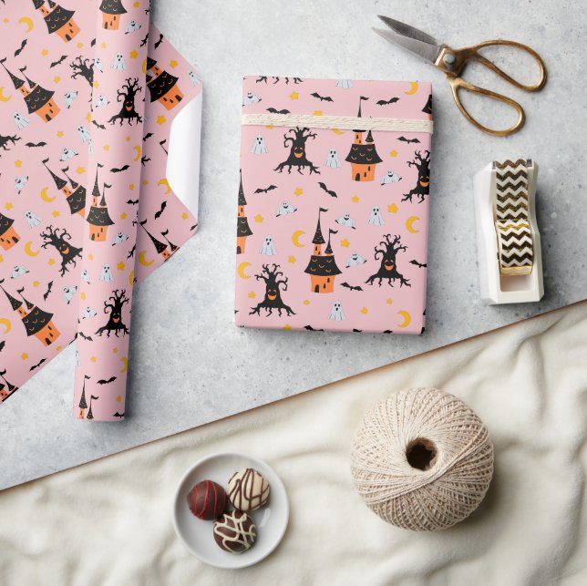 Pink Spooky Haunted House Halloween Wrapping Paper (Crafts)