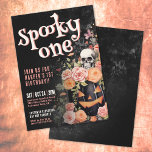 Pink Spooky One 1st Birthday Party Invitation<br><div class="desc">Celebrate your little one's first birthday with this spooky-cute "Spooky One" invitation designed just for a Halloween baby girl! Set against a dark distressed black background, the fonts are a sweet mix of soft pink and white. At the top, “Spooky One” is styled in a fun and spooky display font...</div>