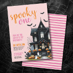 Pink Spooky One Halloween 1st Birthday Invitation<br><div class="desc">Welcome guests to a Halloween 1st birthday party with this fun and simple party invitation. Celebrate your one-year-old in spooktacular fashion! A simple overall light blush pink background with a mix of pink, orange, and black fonts. At the bottom is a black haunted house with orange pops of colour from...</div>