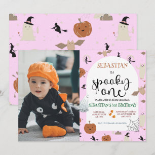 Pink Spooky One Halloween Ghost 1st Birthday Photo Invitation