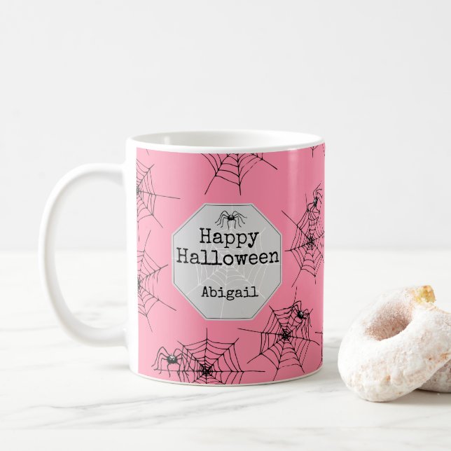 Pink Spooky Spider Halloween Mug (With Donut)