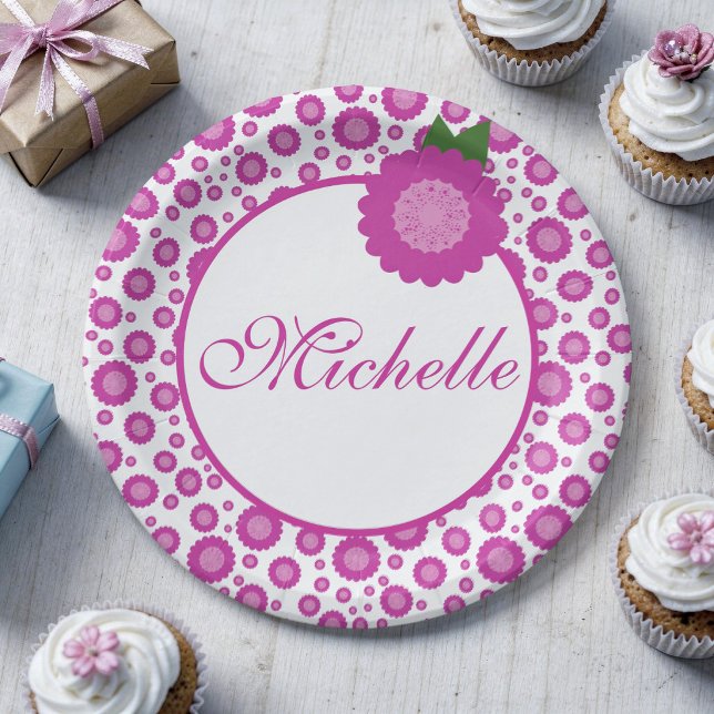 Pink Spotted Flower & Script Text Party Plate (Party snacks with a personal touch. Custom name and playful pink hand drawn flowers all around.)