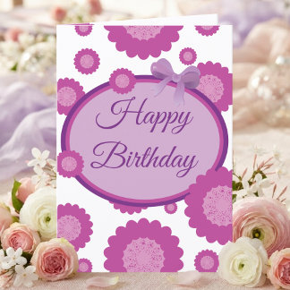 Pink Spotted Flowers With Bow Birthday Card
