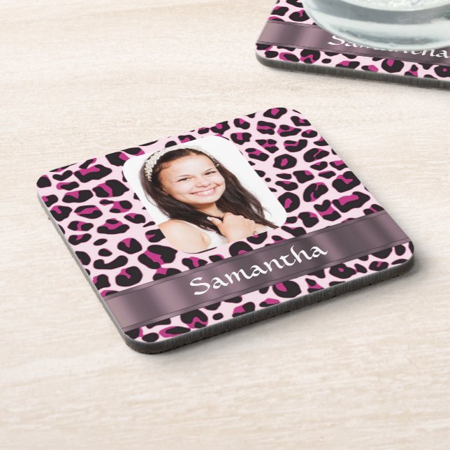 Pink spotty leopard print photo template coaster (Left Side)